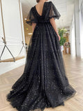 V-neck Tulle Split Front Prom Dresses - Ball Gown/Princess Sweep Train