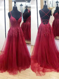 V-neck Tulle Sweep Train Ball Gown Appliques Lace Prom Dresses