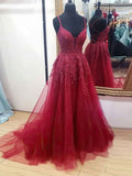 V-neck Tulle Sweep Train Ball Gown Appliques Lace Prom Dresses