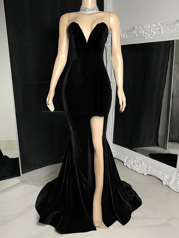 V-Neck Velvet Prom Dress with Split Front and Sweep Train