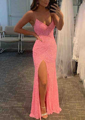 Velvet Sequins Prom Dress - Sheath/Column V Neck Spaghetti Straps Long/Floor-Length Split-27dress