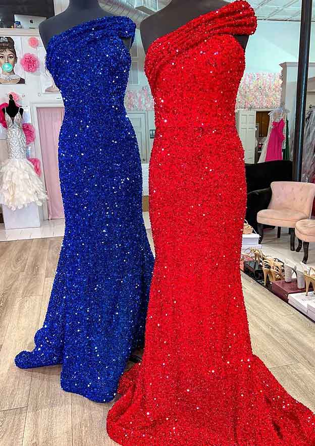 Velvet Sequins Prom Dress with One-Shoulder Sleeveless Court Train for Trumpet/Mermaid-27dress