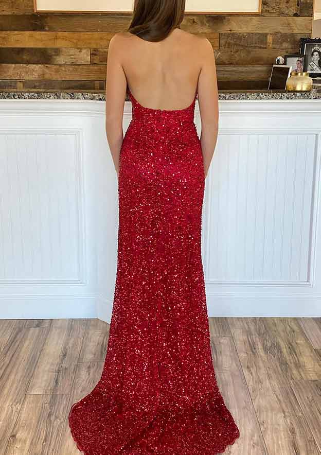 Velvet Sequins Prom Dress With Split - Sheath/Column V Neck Sleeveless Court Train-27dress