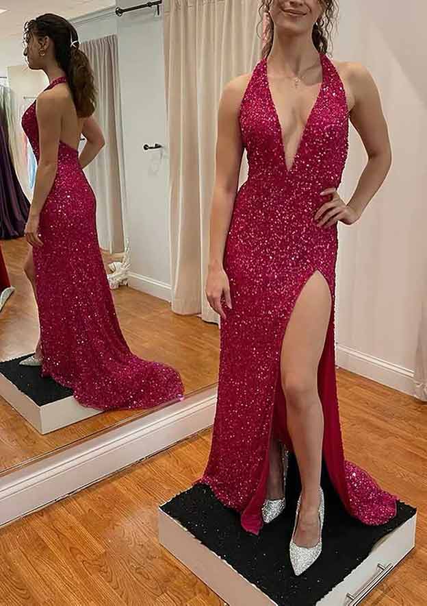 Velvet Sequins Prom Dress With Split - Sheath/Column V Neck Sleeveless Court Train-27dress