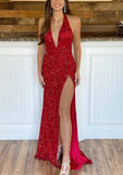 Velvet Sequins Prom Dress With Split - Sheath/Column V Neck Sleeveless Court Train-27dress