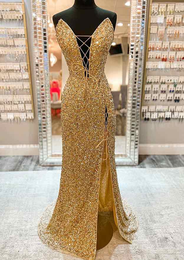 Velvet Sequins Prom Dress with Split Sheath/Column V Neck Sleeveless Sweep Train-27dress