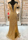 Velvet Sequins Prom Dress with Split Sheath/Column V Neck Sleeveless Sweep Train-27dress