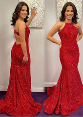 Velvet Sequins Prom Dress with Trumpet/Mermaid Halter Sleeveless Sweep Train-27dress