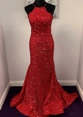 Velvet Sequins Prom Dress with Trumpet/Mermaid Halter Sleeveless Sweep Train-27dress