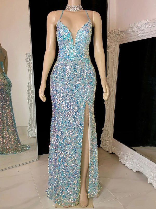 Velvet Sequins Prom Dresses with Split Front - Elegant Sheath/Column V-neck Floor-Length