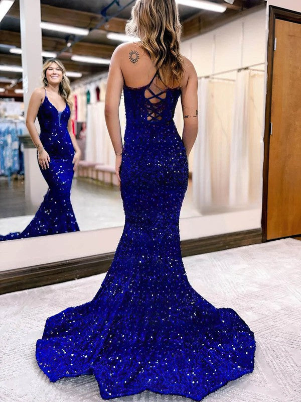 Velvet Sequins Prom Dresses with Trumpet/Mermaid Sweep Train V-neck