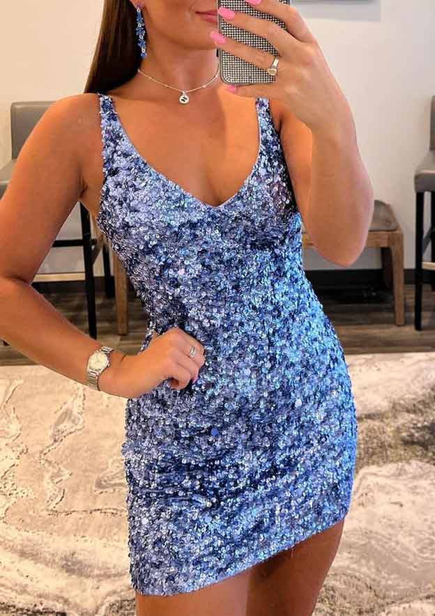 Velvet Sequins Sheath/Column V Neck Sleeveless Short/Mini Homecoming Dress-27dress