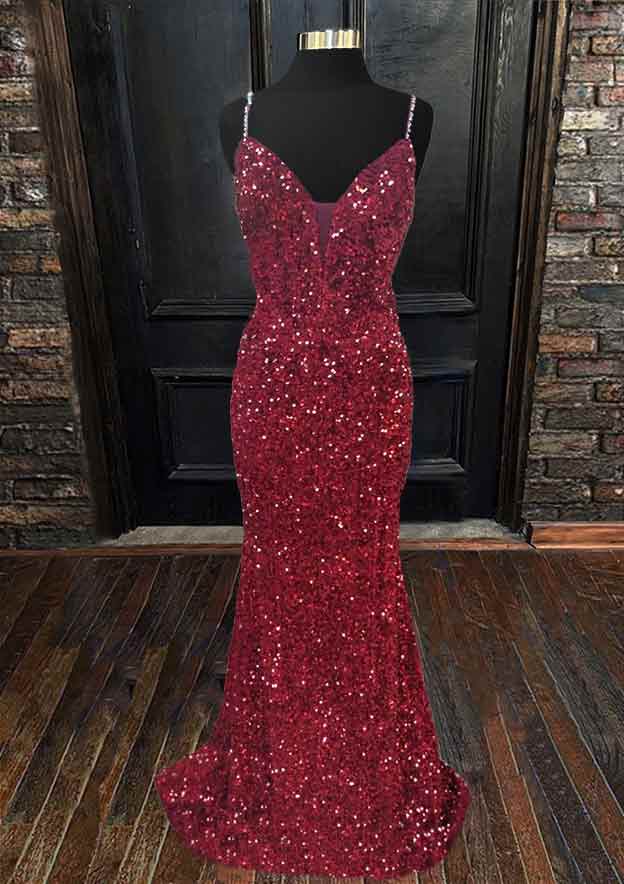 Velvet Sequins Trumpet/Mermaid Prom Dress with Sleeveless V-Neck and Sweep Train-27dress