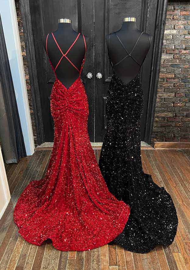 Velvet Sequins Trumpet/Mermaid V-Neck Court Train Prom Dress with Pleated Sleeveless-27dress