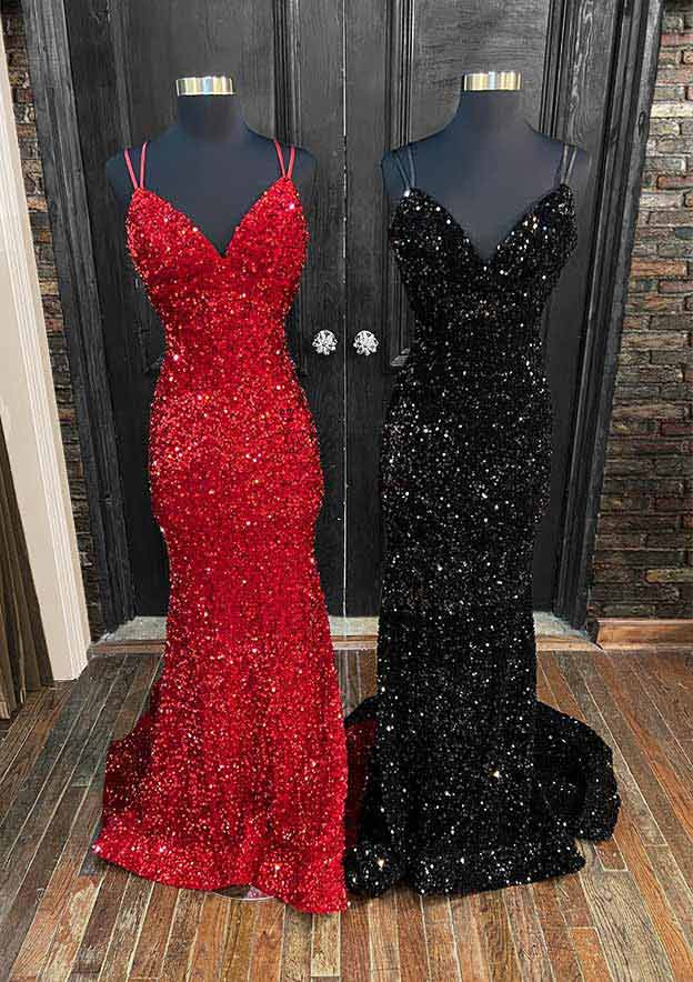 Velvet Sequins Trumpet/Mermaid V-Neck Court Train Prom Dress with Pleated Sleeveless-27dress