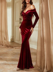 Velvet Sweep Train Prom Dress with Trumpet/Mermaid Off-the-Shoulder Design-27dress