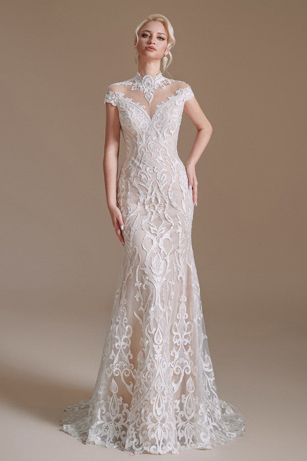 Vintage Long Mermaid High-neck Lace Wedding Dress with sleeves-27dress