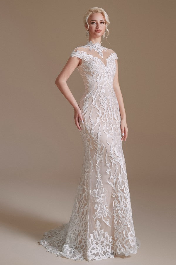 Vintage Long Mermaid High-neck Lace Wedding Dress with sleeves-27dress