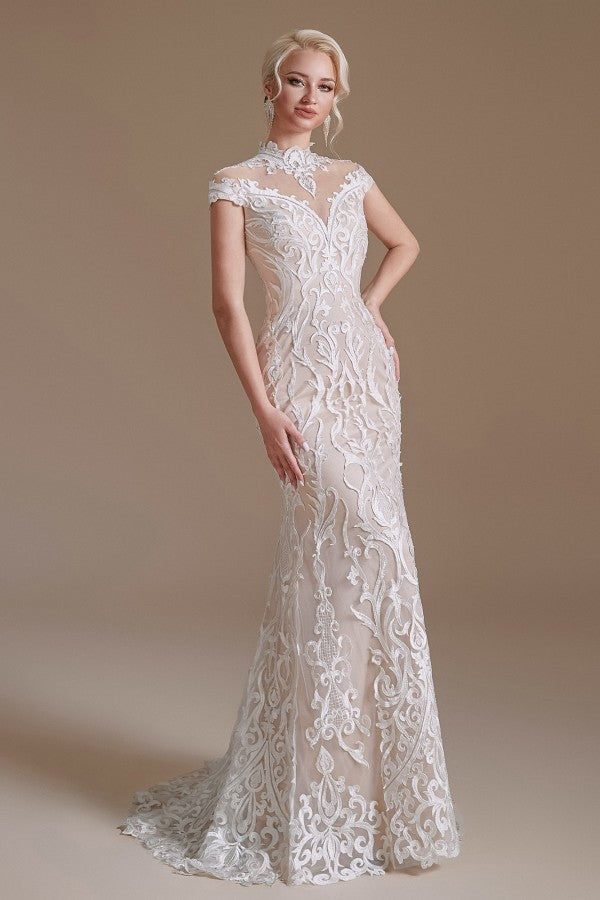 Vintage Long Mermaid High-neck Lace Wedding Dress with sleeves-27dress