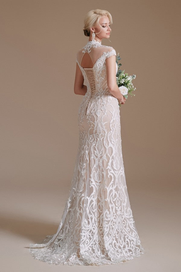 Vintage Long Mermaid High-neck Lace Wedding Dress with sleeves-27dress