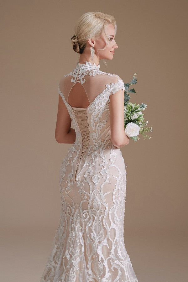 Vintage Long Mermaid High-neck Lace Wedding Dress with sleeves-27dress