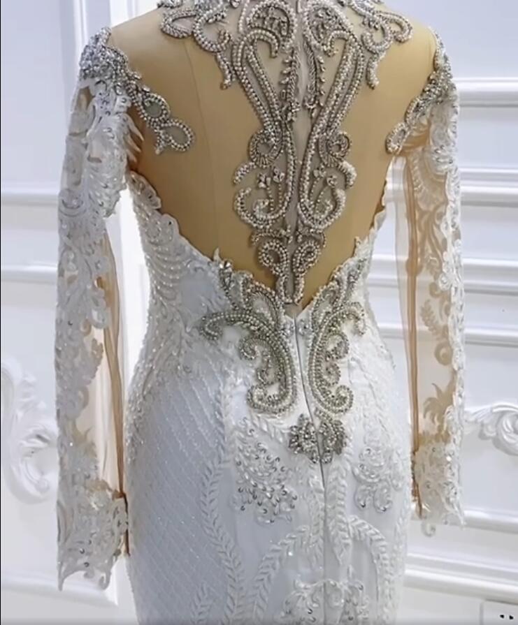 Vintage Long Sleeve Appliques Lace Beading Sequins Mermaid Wedding Dress-27Dress