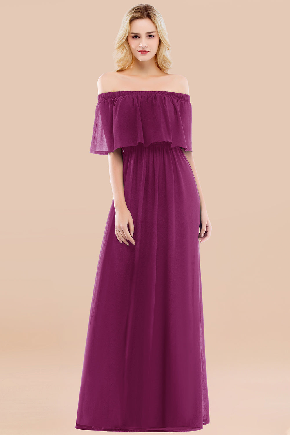Vintage Off-the-Shoulder Long Burgundy Bridesmaid Dress with Ruffle-27dress