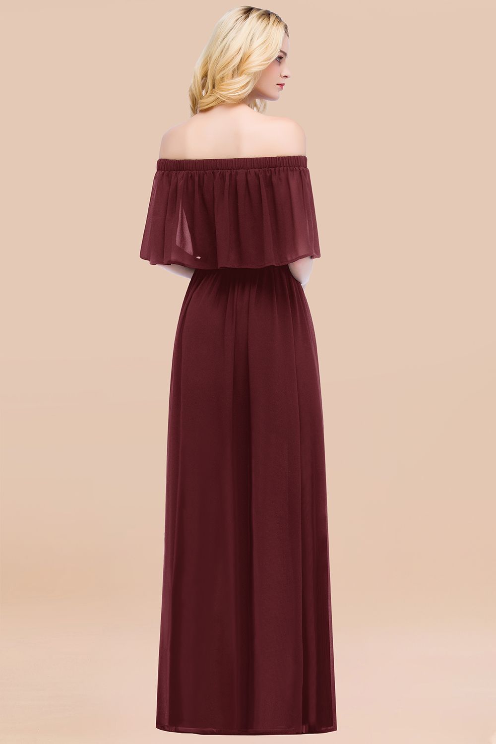 Vintage Off-the-Shoulder Long Burgundy Bridesmaid Dress with Ruffle-27dress