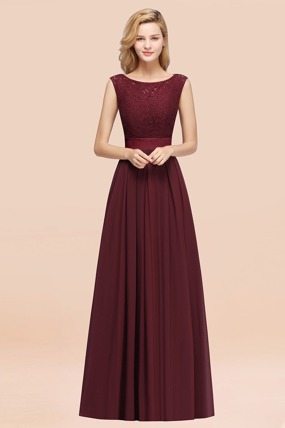 Vintage Sleeveless Lace Bridesmaid Dresses Affordable Chiffon Wedding Party Dress Online-27dress