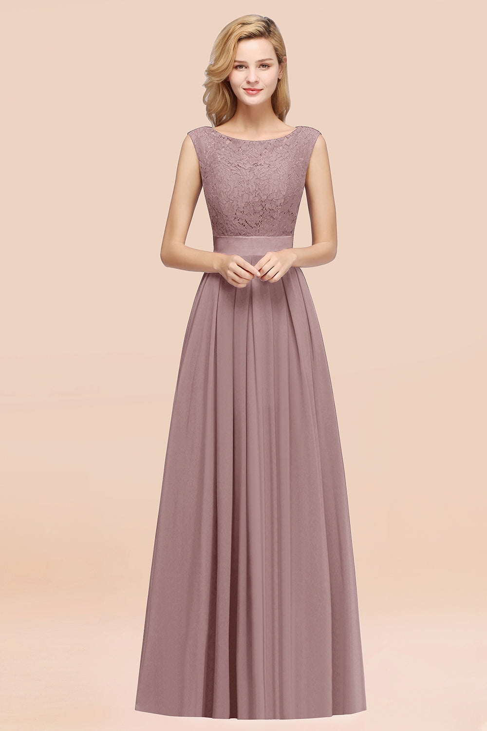 Vintage Sleeveless Lace Bridesmaid Dresses Affordable Chiffon Wedding Party Dress Online-27dress