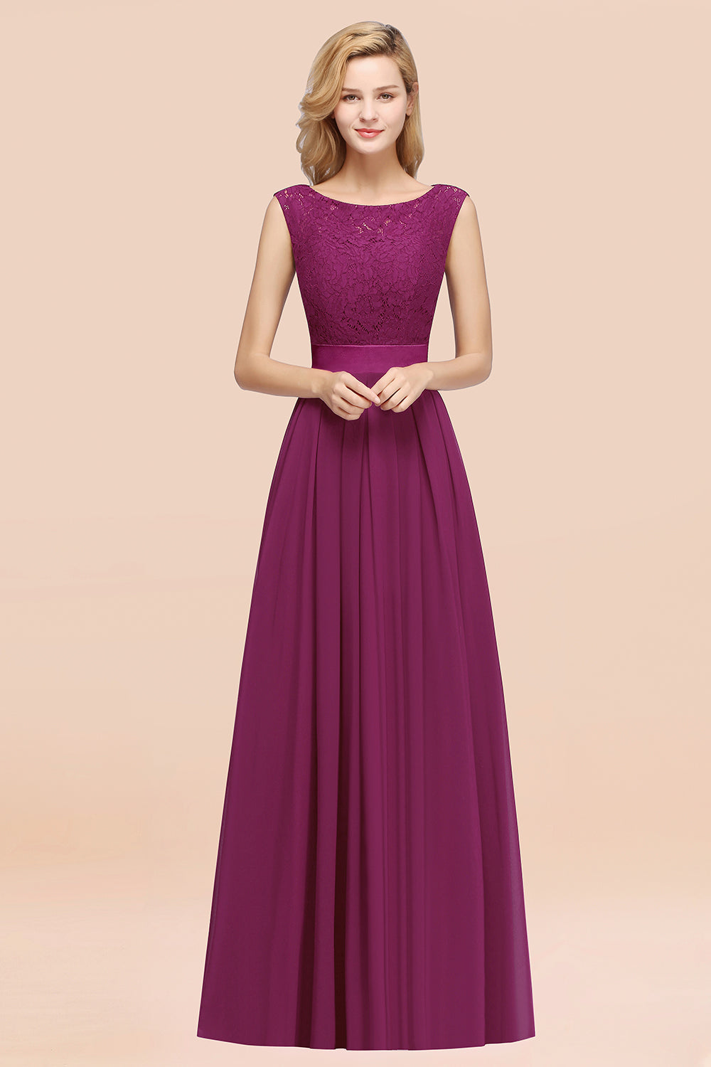 Vintage Sleeveless Lace Bridesmaid Dresses Affordable Chiffon Wedding Party Dress Online-27dress