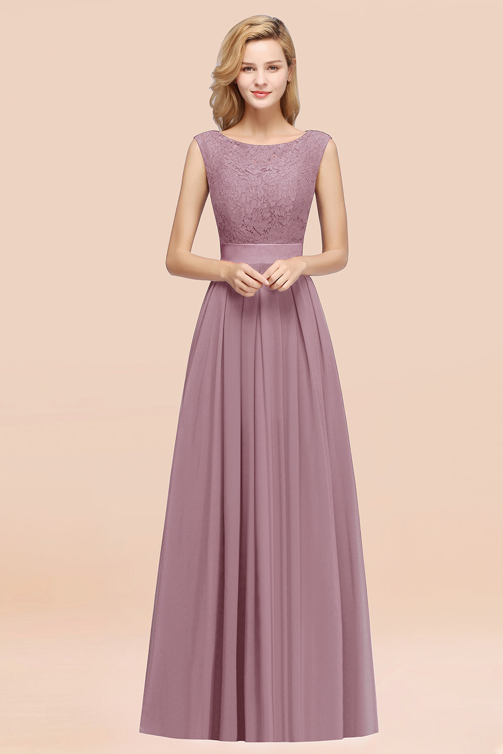 Vintage Sleeveless Lace Bridesmaid Dresses Affordable Chiffon Wedding Party Dress Online-27dress