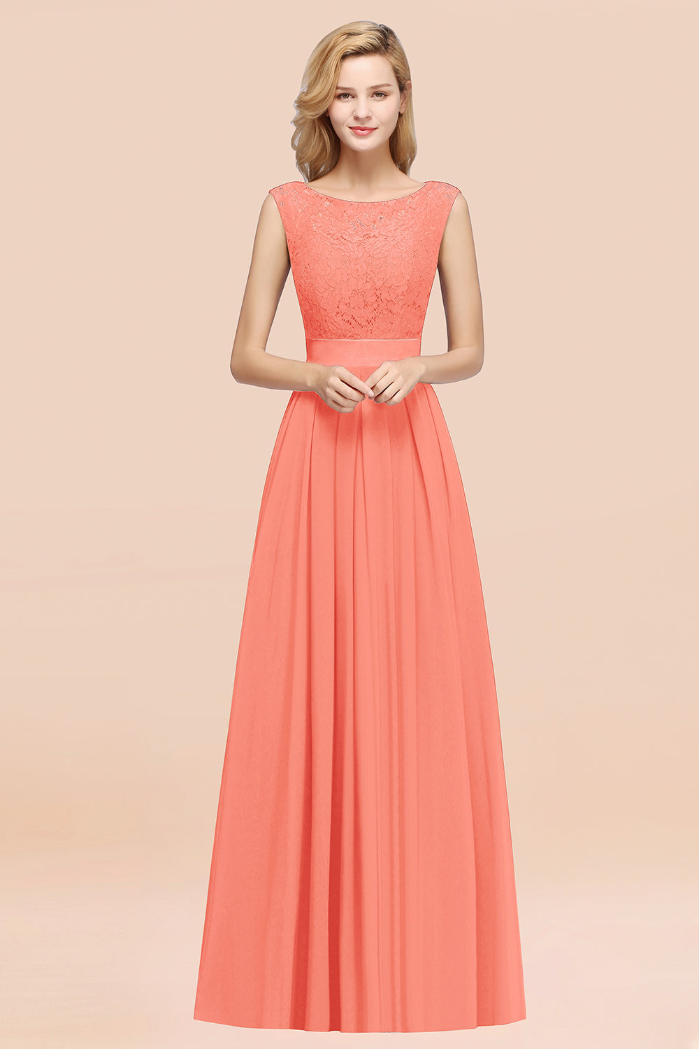 Vintage Sleeveless Lace Bridesmaid Dresses Affordable Chiffon Wedding Party Dress Online-27dress