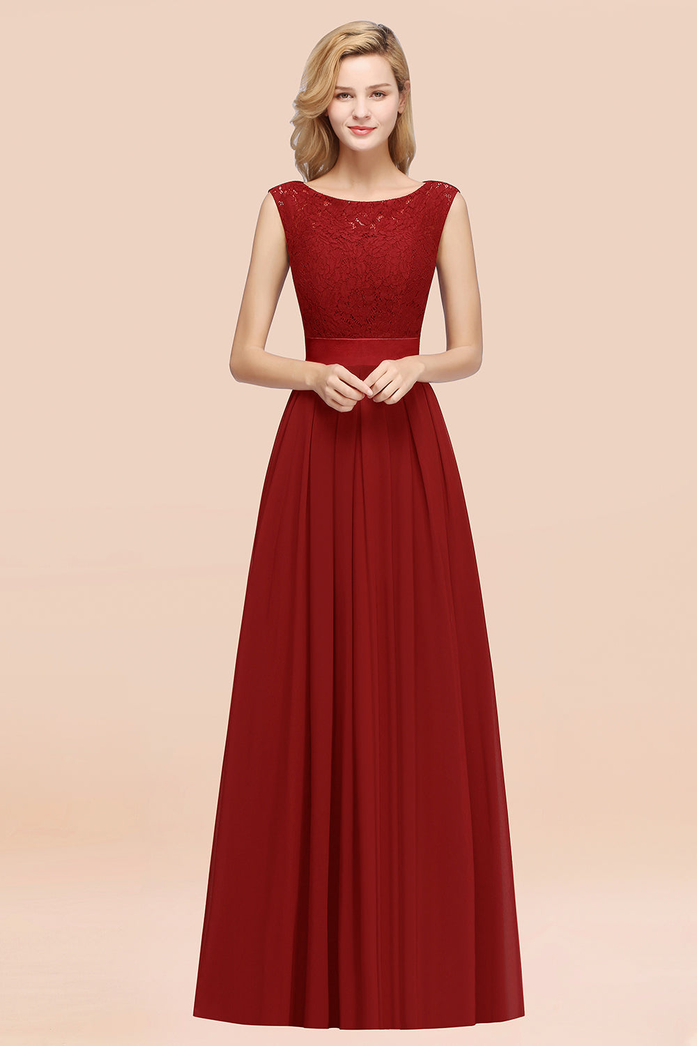 Vintage Sleeveless Lace Bridesmaid Dresses Affordable Chiffon Wedding Party Dress Online-27dress