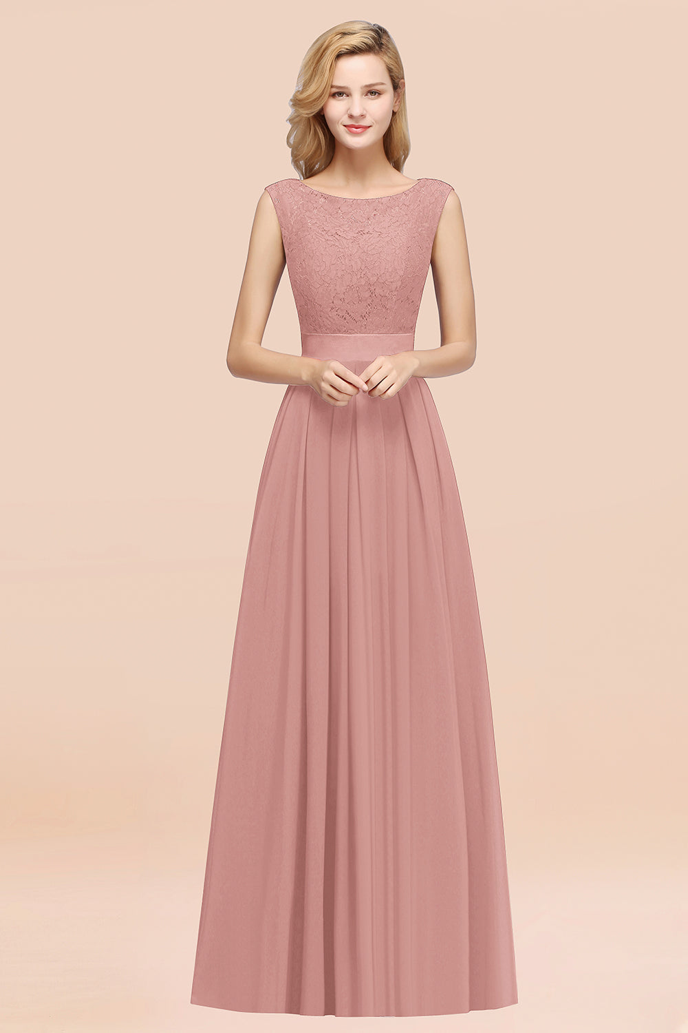 Vintage Sleeveless Lace Bridesmaid Dresses Affordable Chiffon Wedding Party Dress Online-27dress