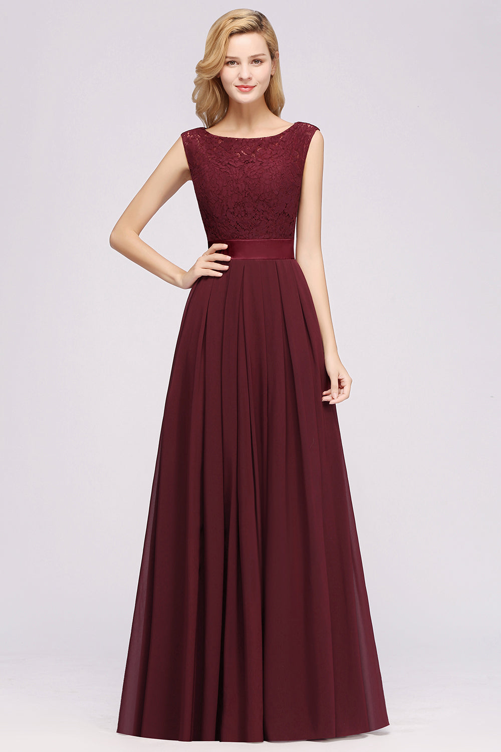 Vintage Sleeveless Lace Bridesmaid Dresses Affordable Chiffon Wedding Party Dress Online-27dress