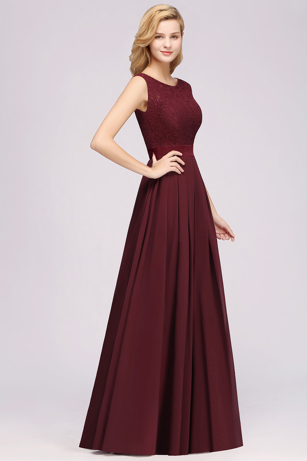 Vintage Sleeveless Lace Bridesmaid Dresses Affordable Chiffon Wedding Party Dress Online-27dress