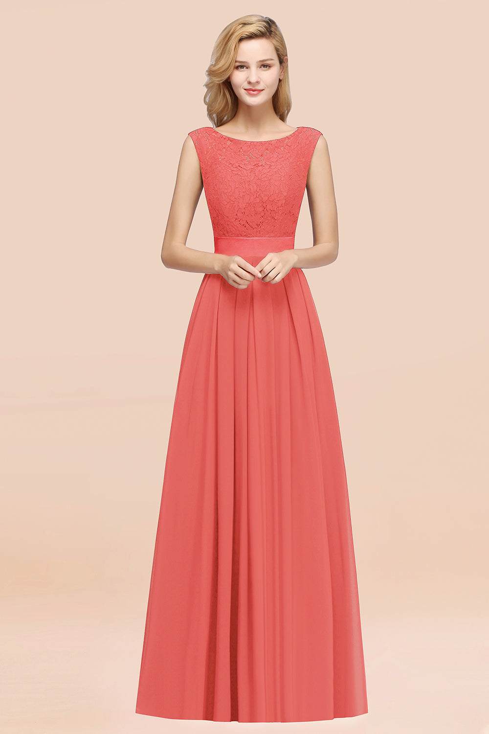 Vintage Sleeveless Lace Bridesmaid Dresses Affordable Chiffon Wedding Party Dress Online-27dress