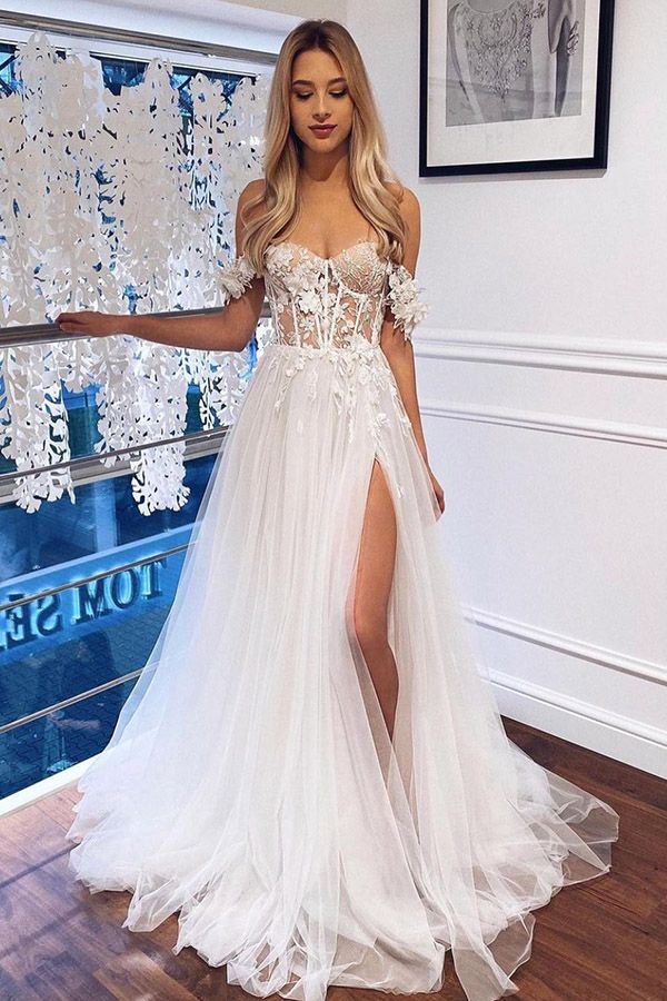 White Boho Long A Line Lace Off The Shoulder Wedding Dress with Slit-27Dress