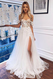 White Boho Long A Line Lace Off The Shoulder Wedding Dress with Slit-27Dress