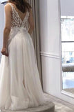 White Long A Line V Neck Tulle Backless Lace Prom Dress with Slit-27Dress