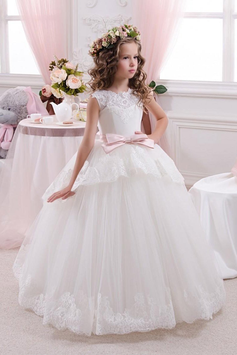 White Long Ball Gown Scoop Neck Sleeveless Tulle Flower Girl Dresses-27dress