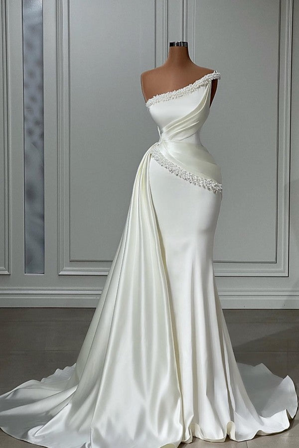 White Long Mermaid One Shoulder Satin Beads Formal Prom Dresses-27Dress