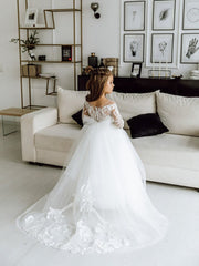 White Long Sleeves Ball Gown Tulle Lace Flower Girl Dress with Bow-27Dress