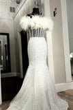 White Mermaid Strapless Feathers Boning Sequins Long Prom Dress