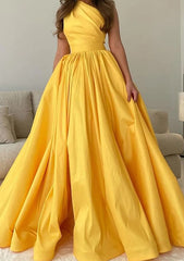 Yellow Ball Gown One-Shoulder Sleeveless Satin Long Prom Dress with Pleats-27dress