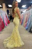 Yellow Ruffle Straps 3D Flower Mermaid Long Prom Dress