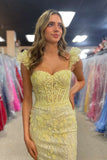 Yellow Ruffle Straps 3D Flower Mermaid Long Prom Dress