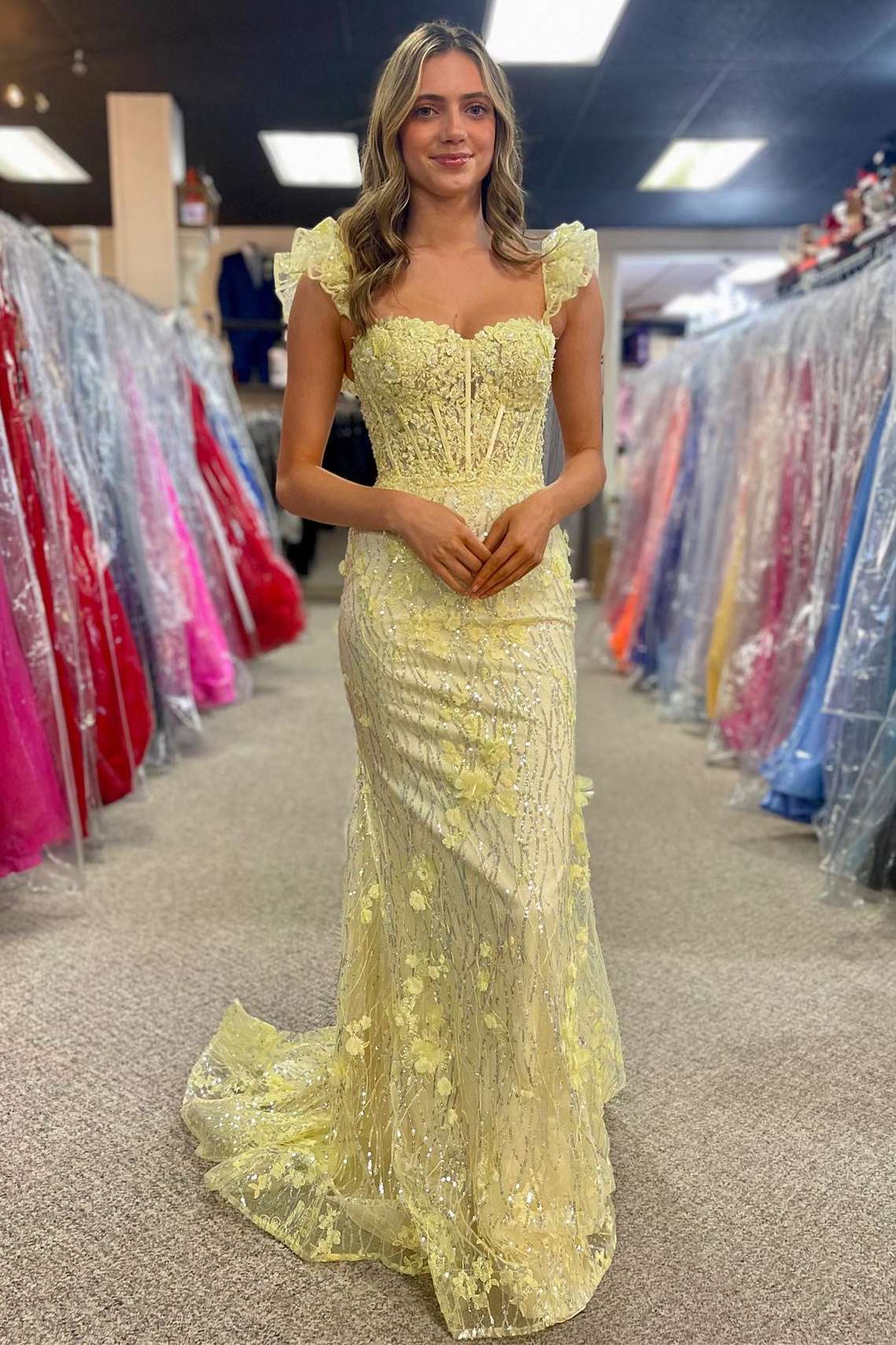 Yellow Ruffle Straps 3D Flower Mermaid Long Prom Dress