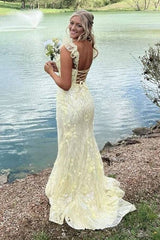 Yellow Ruffle Straps Applique Mermaid Prom Dress